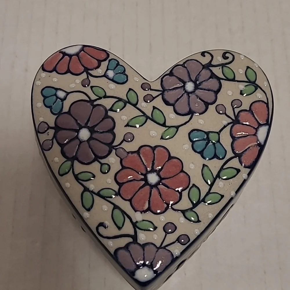 Handmade Mexican Floral Heart Shaped Trinket Box /Stash Box